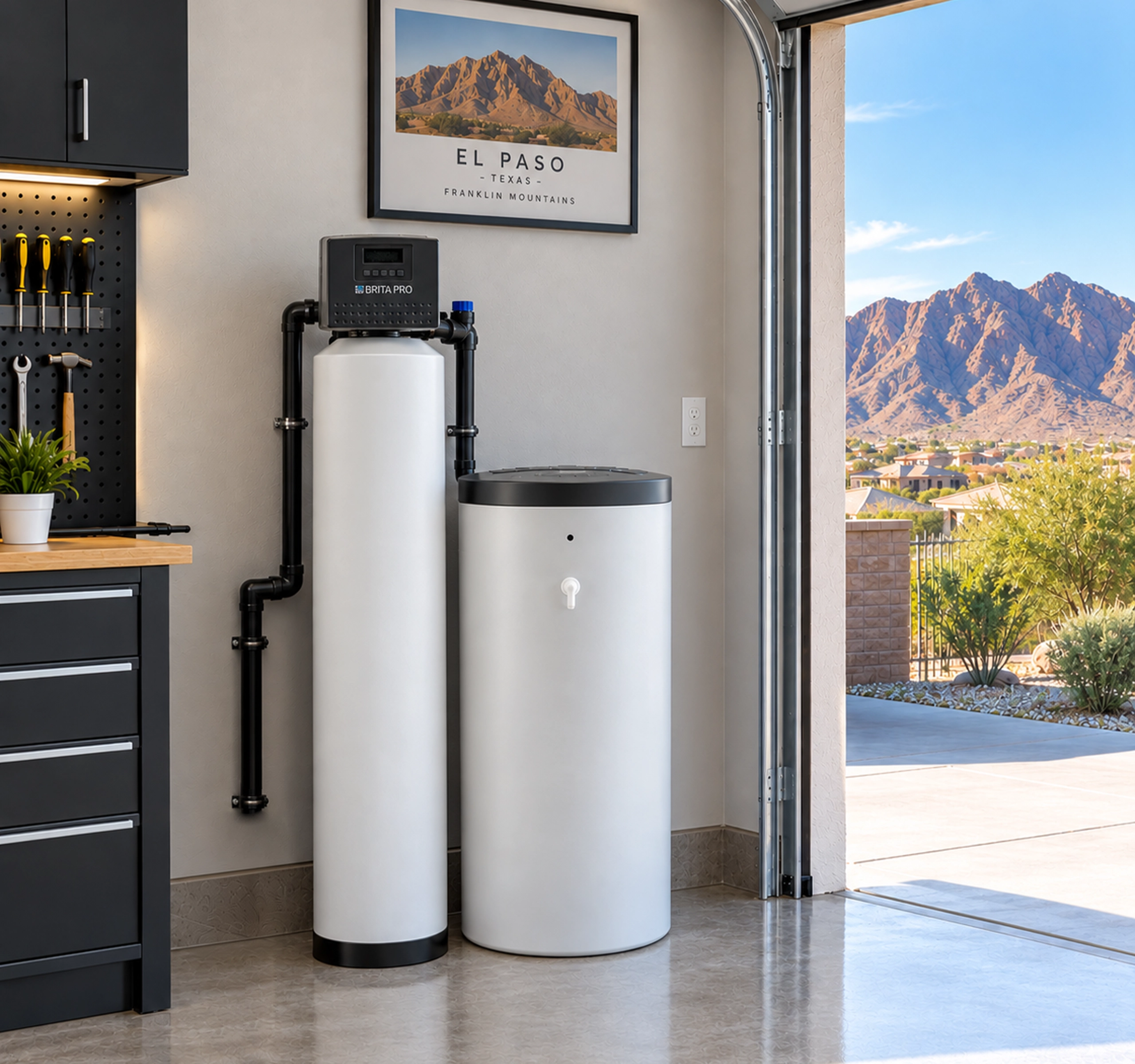 Whole-home water softener system installed in a residential utility area